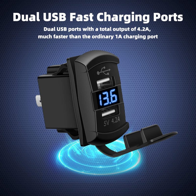cnaodun 4.2A USB Rocker Switch Dual USB Charger Socket with Waterproof Cover Blue Led Voltmeter for Rocker Type Marine Switch Panel On Marine Rv Vehicles… - Image 5